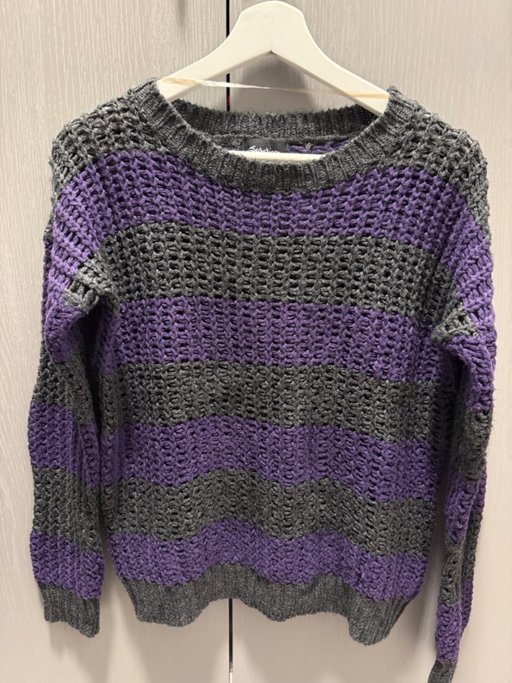 “Seductions” Grey and Purple Stripe Crochet Knit Sweate
